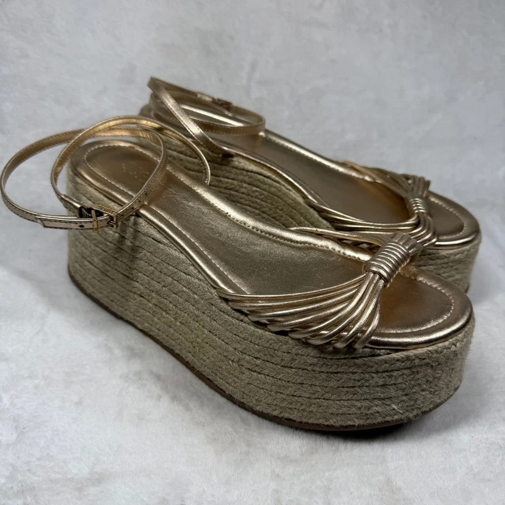Schutz Gold Metallic Strappy Espadrille Platform Sandals Ankle Strap Flatform 8